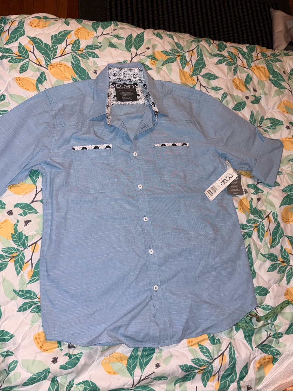 DCBD Boys Blue Button Up Shirt Skull Trim Long Sleeve NWT Size L